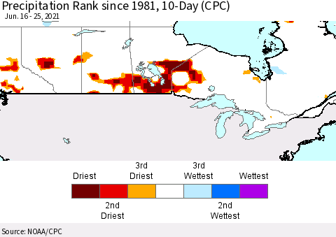 Canada Precipitation Rank since 1981, 10-Day (CPC) Thematic Map For 6/16/2021 - 6/25/2021