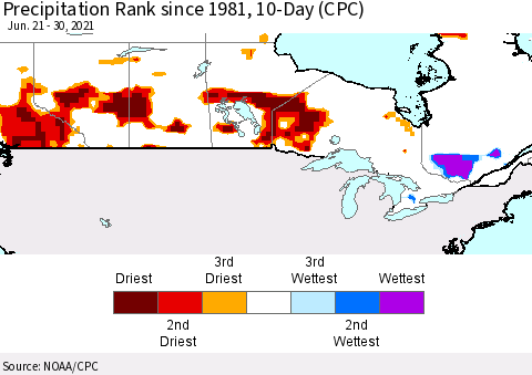 Canada Precipitation Rank since 1981, 10-Day (CPC) Thematic Map For 6/21/2021 - 6/30/2021