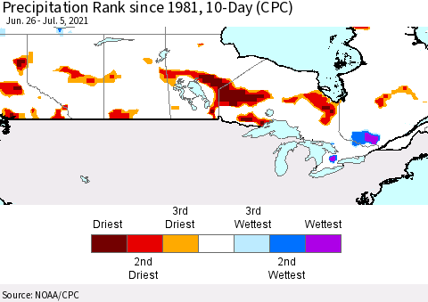 Canada Precipitation Rank since 1981, 10-Day (CPC) Thematic Map For 6/26/2021 - 7/5/2021