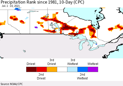 Canada Precipitation Rank since 1981, 10-Day (CPC) Thematic Map For 7/1/2021 - 7/10/2021