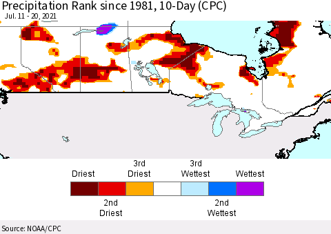 Canada Precipitation Rank since 1981, 10-Day (CPC) Thematic Map For 7/11/2021 - 7/20/2021