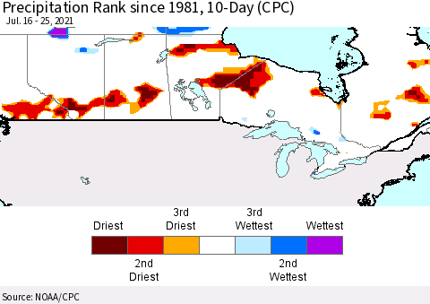 Canada Precipitation Rank since 1981, 10-Day (CPC) Thematic Map For 7/16/2021 - 7/25/2021
