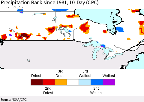 Canada Precipitation Rank since 1981, 10-Day (CPC) Thematic Map For 7/21/2021 - 7/31/2021