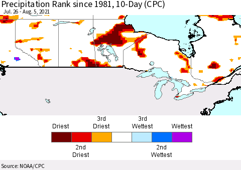 Canada Precipitation Rank since 1981, 10-Day (CPC) Thematic Map For 7/26/2021 - 8/5/2021