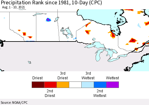 Canada Precipitation Rank since 1981, 10-Day (CPC) Thematic Map For 8/1/2021 - 8/10/2021