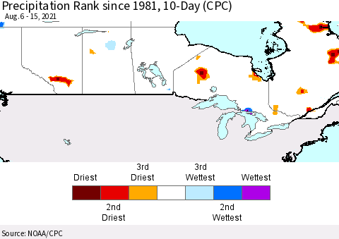 Canada Precipitation Rank since 1981, 10-Day (CPC) Thematic Map For 8/6/2021 - 8/15/2021