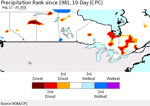Canada Precipitation Rank since 1981, 10-Day (CPC) Thematic Map For 8/11/2021 - 8/20/2021