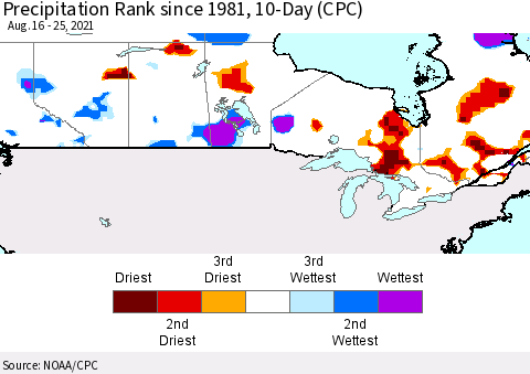 Canada Precipitation Rank since 1981, 10-Day (CPC) Thematic Map For 8/16/2021 - 8/25/2021
