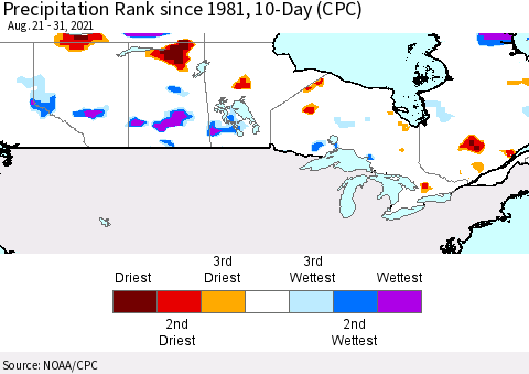 Canada Precipitation Rank since 1981, 10-Day (CPC) Thematic Map For 8/21/2021 - 8/31/2021