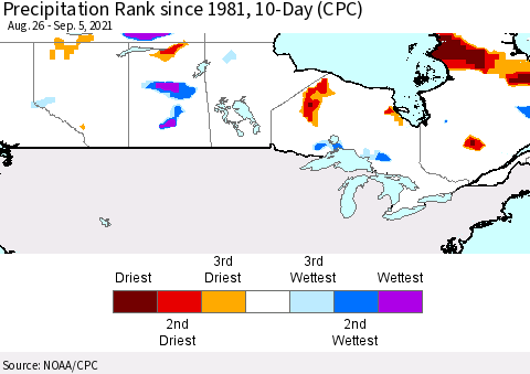 Canada Precipitation Rank since 1981, 10-Day (CPC) Thematic Map For 8/26/2021 - 9/5/2021