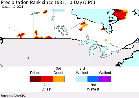 Canada Precipitation Rank since 1981, 10-Day (CPC) Thematic Map For 9/1/2021 - 9/10/2021