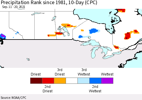 Canada Precipitation Rank since 1981, 10-Day (CPC) Thematic Map For 9/11/2021 - 9/20/2021