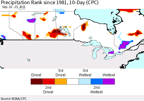 Canada Precipitation Rank since 1981, 10-Day (CPC) Thematic Map For 9/16/2021 - 9/25/2021