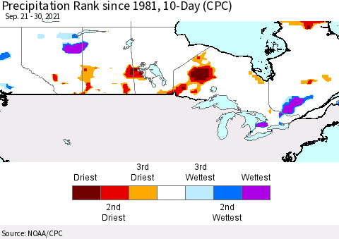 Canada Precipitation Rank since 1981, 10-Day (CPC) Thematic Map For 9/21/2021 - 9/30/2021