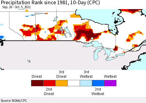 Canada Precipitation Rank since 1981, 10-Day (CPC) Thematic Map For 9/26/2021 - 10/5/2021