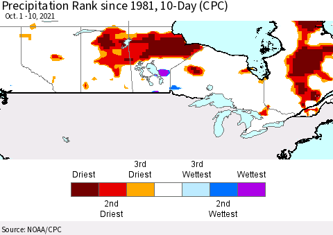 Canada Precipitation Rank since 1981, 10-Day (CPC) Thematic Map For 10/1/2021 - 10/10/2021
