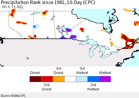 Canada Precipitation Rank since 1981, 10-Day (CPC) Thematic Map For 10/6/2021 - 10/15/2021