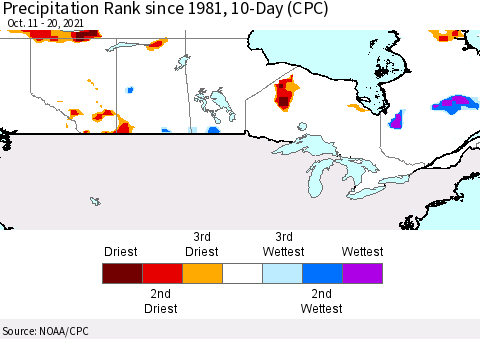 Canada Precipitation Rank since 1981, 10-Day (CPC) Thematic Map For 10/11/2021 - 10/20/2021
