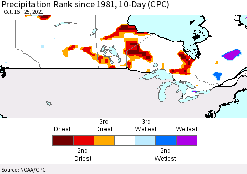 Canada Precipitation Rank since 1981, 10-Day (CPC) Thematic Map For 10/16/2021 - 10/25/2021