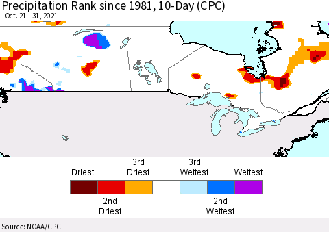 Canada Precipitation Rank since 1981, 10-Day (CPC) Thematic Map For 10/21/2021 - 10/31/2021