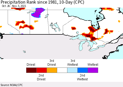 Canada Precipitation Rank since 1981, 10-Day (CPC) Thematic Map For 10/26/2021 - 11/5/2021