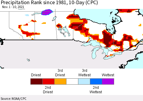 Canada Precipitation Rank since 1981, 10-Day (CPC) Thematic Map For 11/1/2021 - 11/10/2021