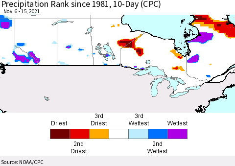Canada Precipitation Rank since 1981, 10-Day (CPC) Thematic Map For 11/6/2021 - 11/15/2021