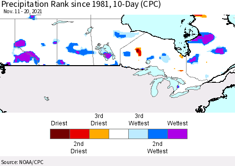 Canada Precipitation Rank since 1981, 10-Day (CPC) Thematic Map For 11/11/2021 - 11/20/2021