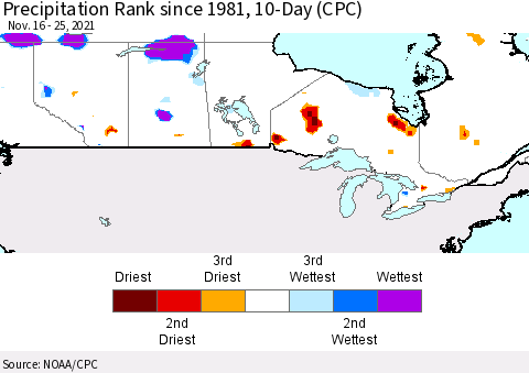 Canada Precipitation Rank since 1981, 10-Day (CPC) Thematic Map For 11/16/2021 - 11/25/2021