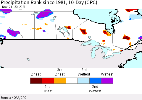 Canada Precipitation Rank since 1981, 10-Day (CPC) Thematic Map For 11/21/2021 - 11/30/2021