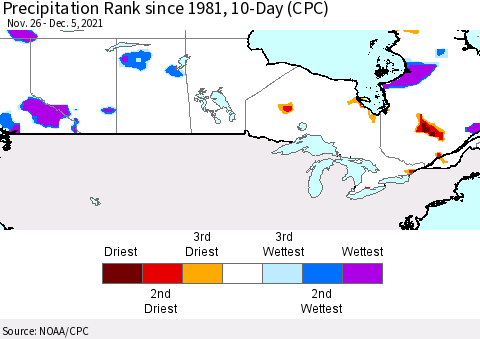 Canada Precipitation Rank since 1981, 10-Day (CPC) Thematic Map For 11/26/2021 - 12/5/2021
