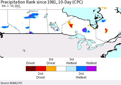 Canada Precipitation Rank since 1981, 10-Day (CPC) Thematic Map For 12/1/2021 - 12/10/2021