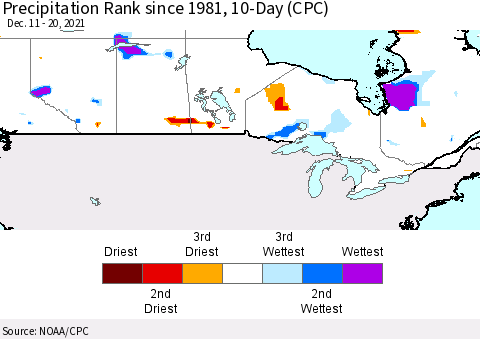 Canada Precipitation Rank since 1981, 10-Day (CPC) Thematic Map For 12/11/2021 - 12/20/2021