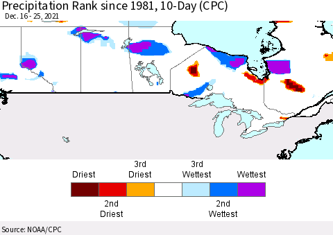 Canada Precipitation Rank since 1981, 10-Day (CPC) Thematic Map For 12/16/2021 - 12/25/2021