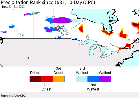 Canada Precipitation Rank since 1981, 10-Day (CPC) Thematic Map For 12/21/2021 - 12/31/2021