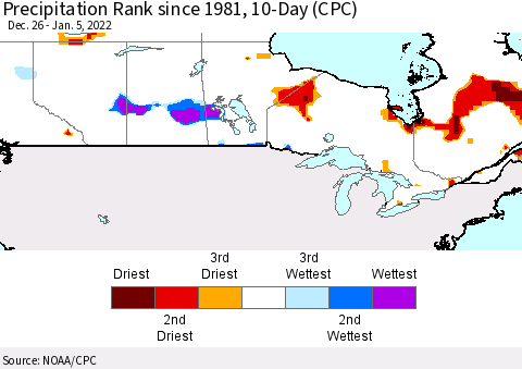 Canada Precipitation Rank since 1981, 10-Day (CPC) Thematic Map For 12/26/2021 - 1/5/2022