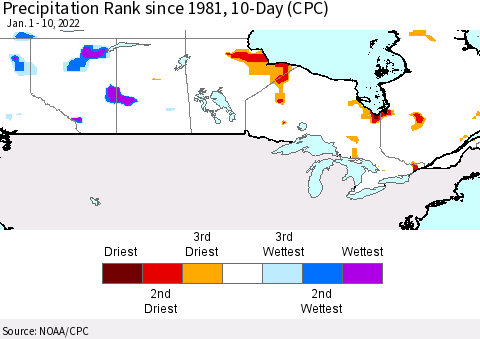 Canada Precipitation Rank since 1981, 10-Day (CPC) Thematic Map For 1/1/2022 - 1/10/2022