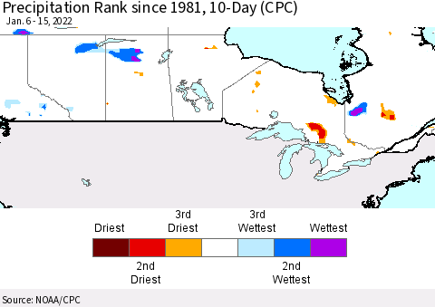 Canada Precipitation Rank since 1981, 10-Day (CPC) Thematic Map For 1/6/2022 - 1/15/2022