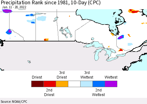 Canada Precipitation Rank since 1981, 10-Day (CPC) Thematic Map For 1/11/2022 - 1/20/2022