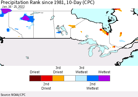 Canada Precipitation Rank since 1981, 10-Day (CPC) Thematic Map For 1/16/2022 - 1/25/2022