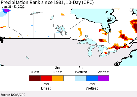 Canada Precipitation Rank since 1981, 10-Day (CPC) Thematic Map For 1/21/2022 - 1/31/2022