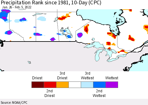 Canada Precipitation Rank since 1981, 10-Day (CPC) Thematic Map For 1/26/2022 - 2/5/2022