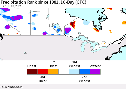 Canada Precipitation Rank since 1981, 10-Day (CPC) Thematic Map For 2/1/2022 - 2/10/2022