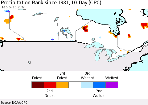 Canada Precipitation Rank since 1981, 10-Day (CPC) Thematic Map For 2/6/2022 - 2/15/2022