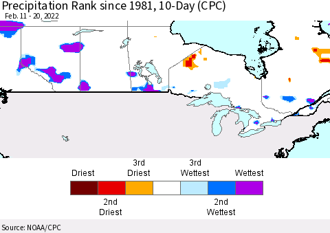 Canada Precipitation Rank since 1981, 10-Day (CPC) Thematic Map For 2/11/2022 - 2/20/2022