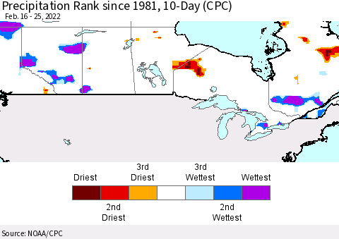 Canada Precipitation Rank since 1981, 10-Day (CPC) Thematic Map For 2/16/2022 - 2/25/2022