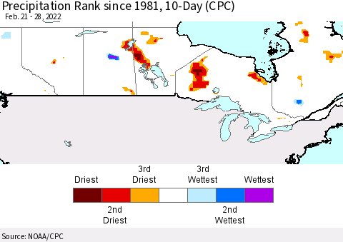 Canada Precipitation Rank since 1981, 10-Day (CPC) Thematic Map For 2/21/2022 - 2/28/2022
