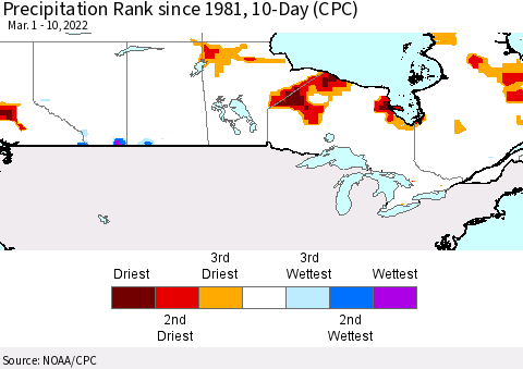 Canada Precipitation Rank since 1981, 10-Day (CPC) Thematic Map For 3/1/2022 - 3/10/2022