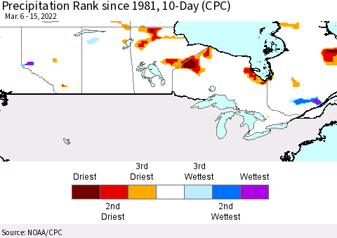 Canada Precipitation Rank since 1981, 10-Day (CPC) Thematic Map For 3/6/2022 - 3/15/2022