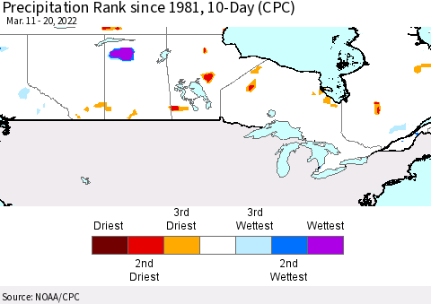 Canada Precipitation Rank since 1981, 10-Day (CPC) Thematic Map For 3/11/2022 - 3/20/2022